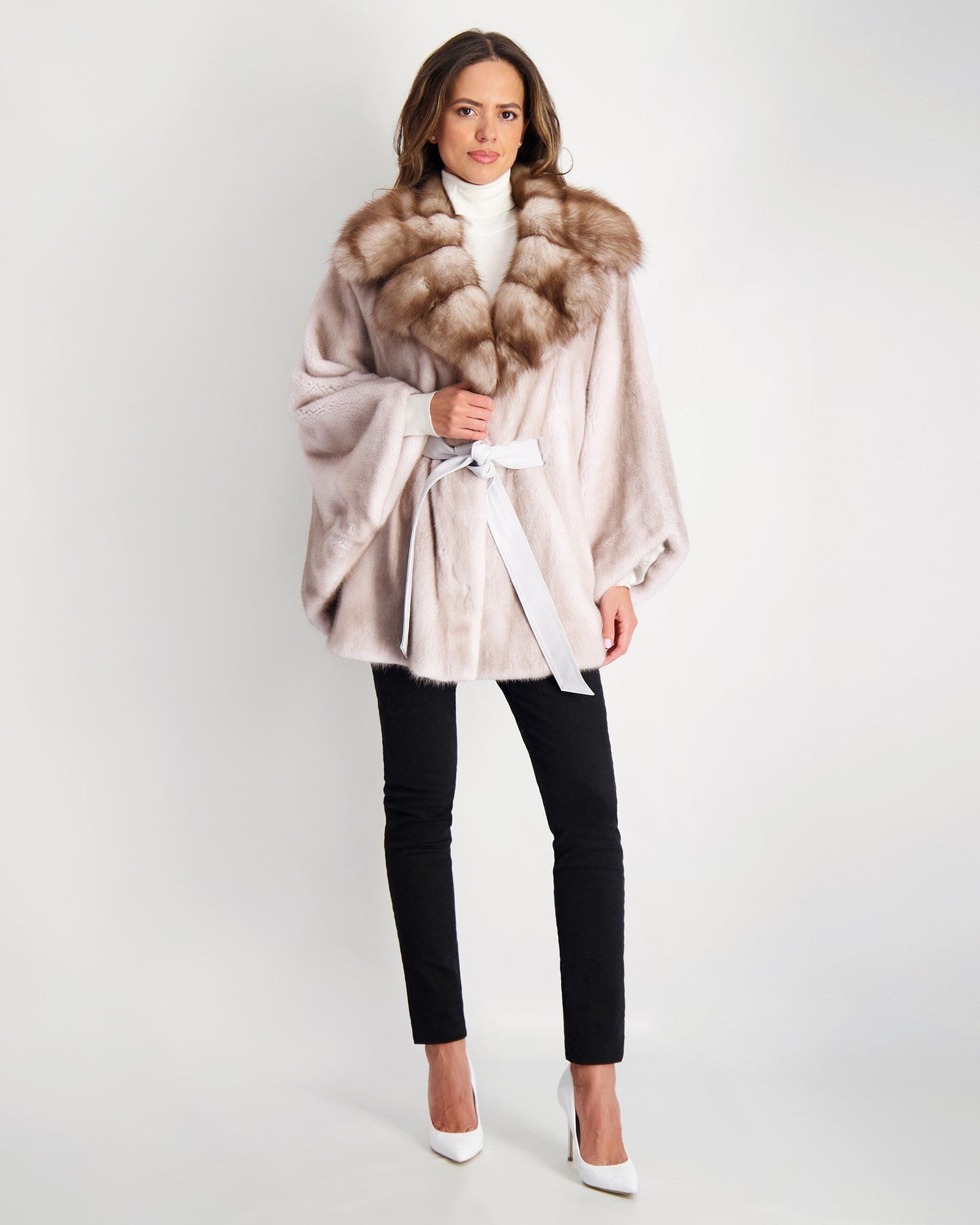 Mink Jacket With Stone Marten Collar | Women | Silver Blue x White (V2)