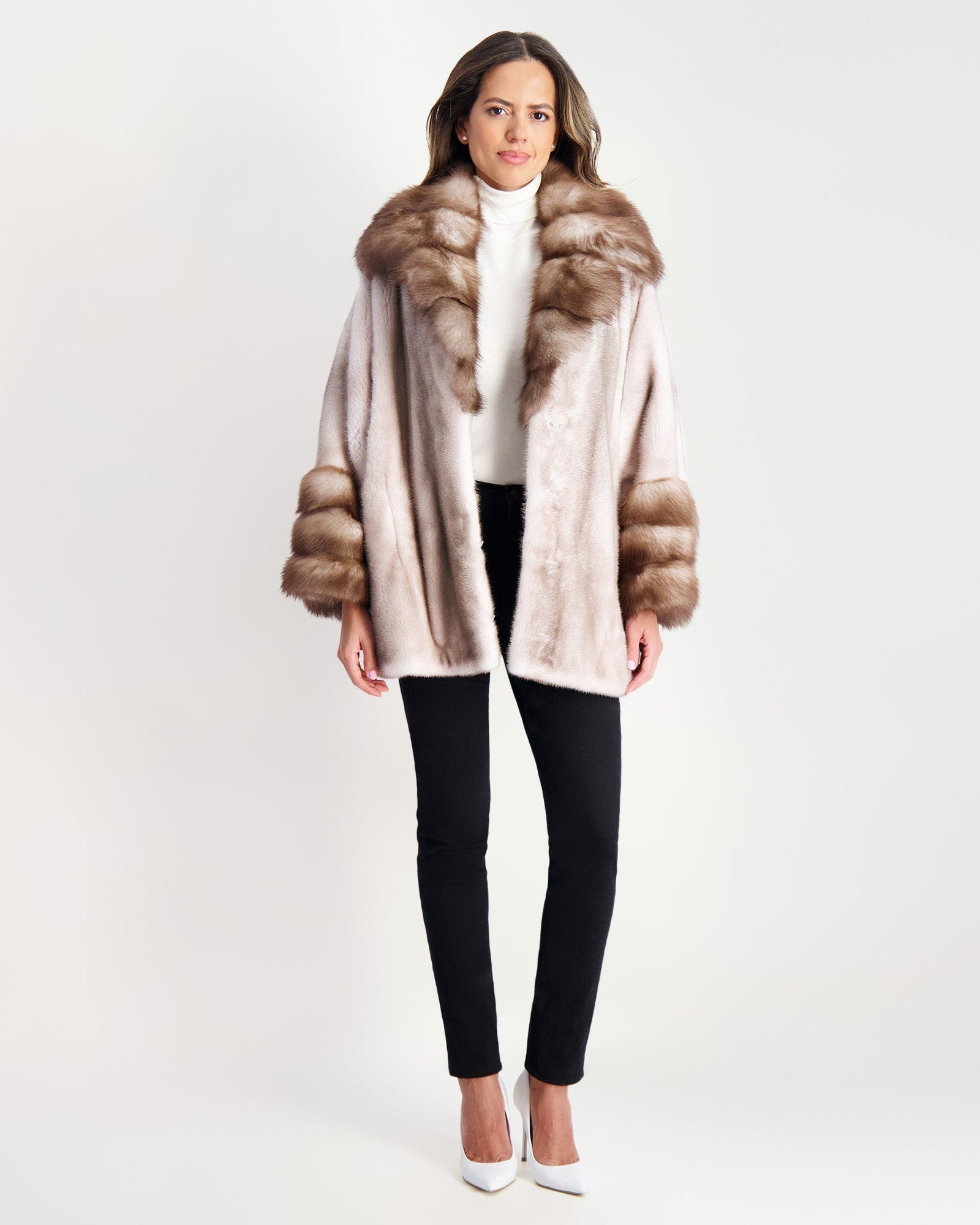 Mink Jacket With Stone Marten Collar & Trim | Women | Silver Blue x White