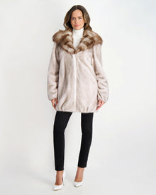 Mink Jacket With Stone Marten Hood | Women | Silver Blue x White