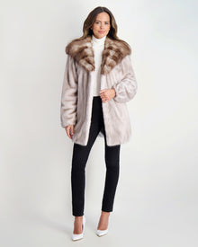 Mink Jacket With Stone Marten Hood | Women | Silver Blue x White