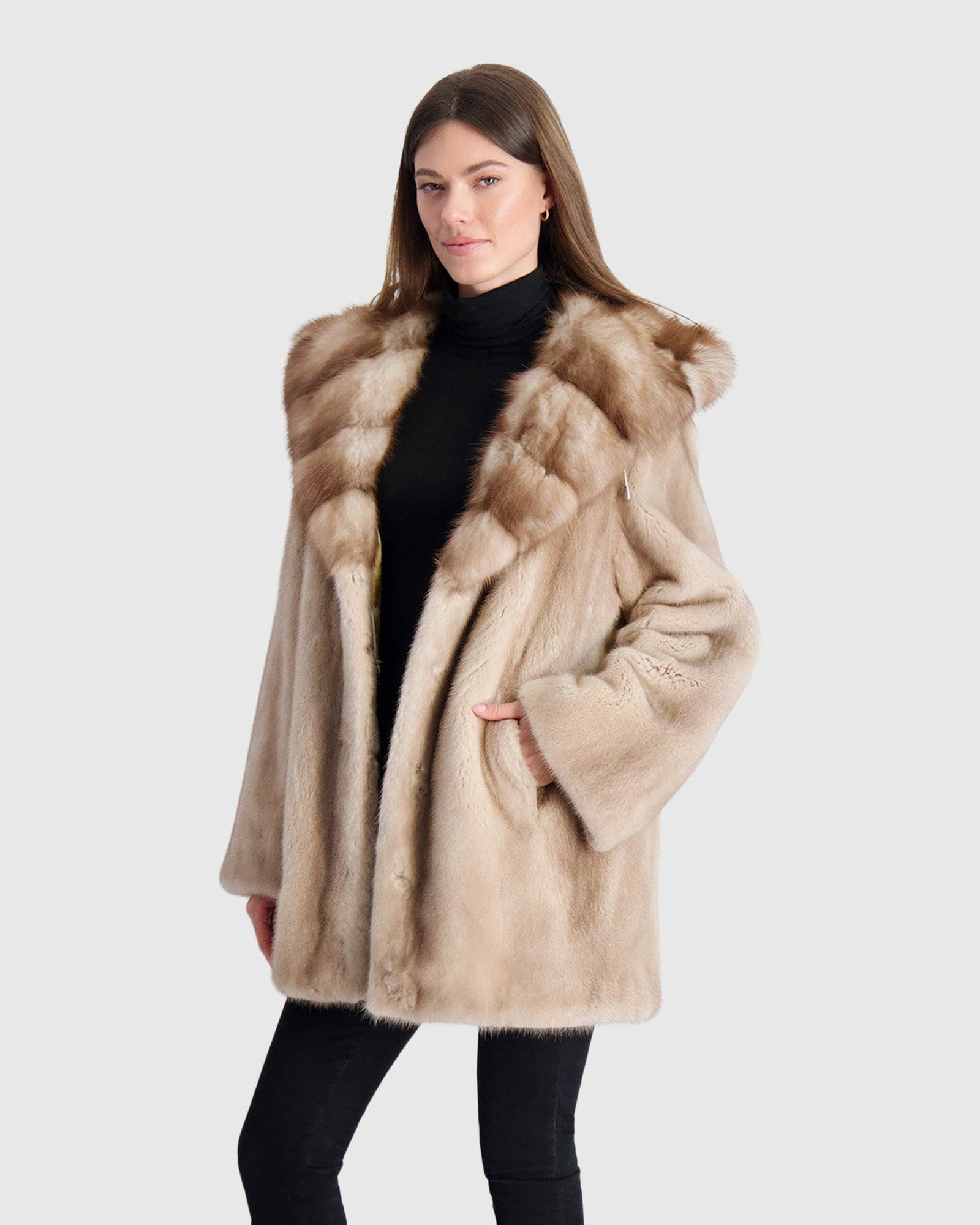 Mink Jacket With Stone Marten Hood Trim | Silver Blue/Mocha