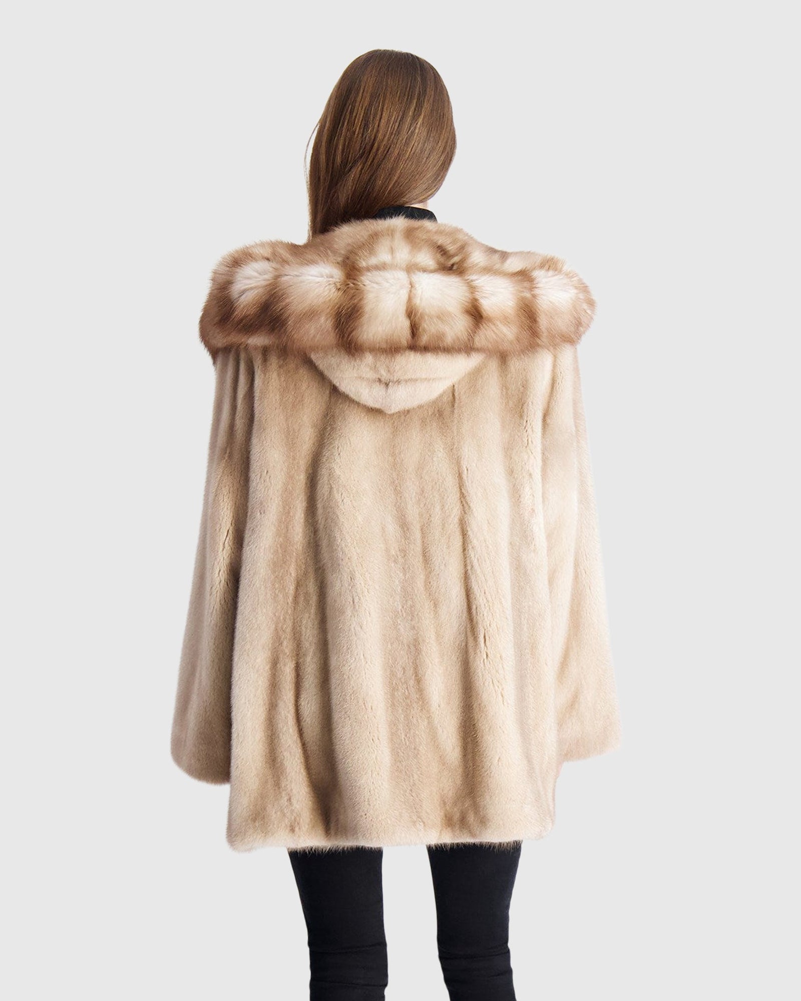 Mink Jacket With Stone Marten Hood Trim | Silver Blue/Mocha