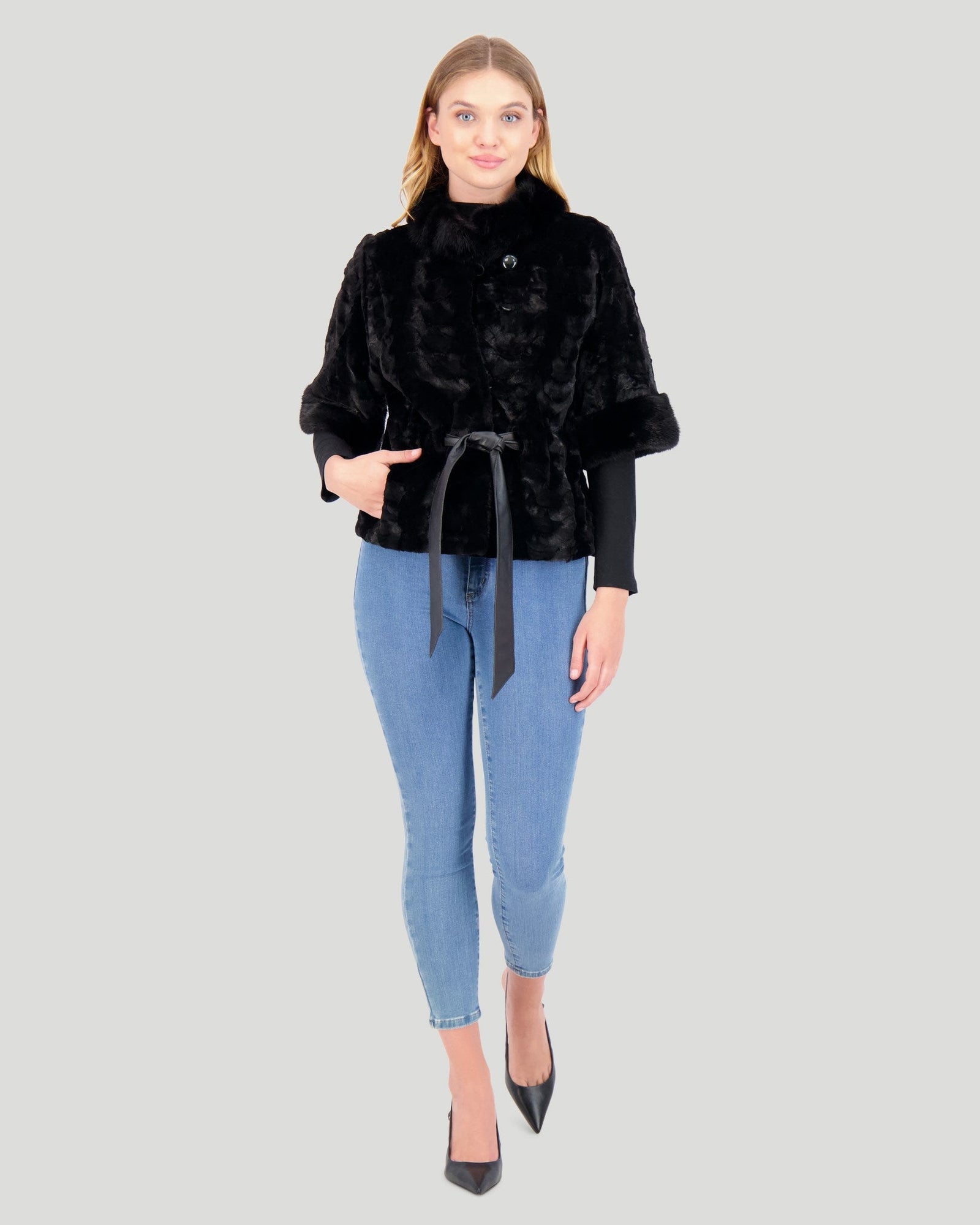 Mink Sections Jacket With Belt | Black