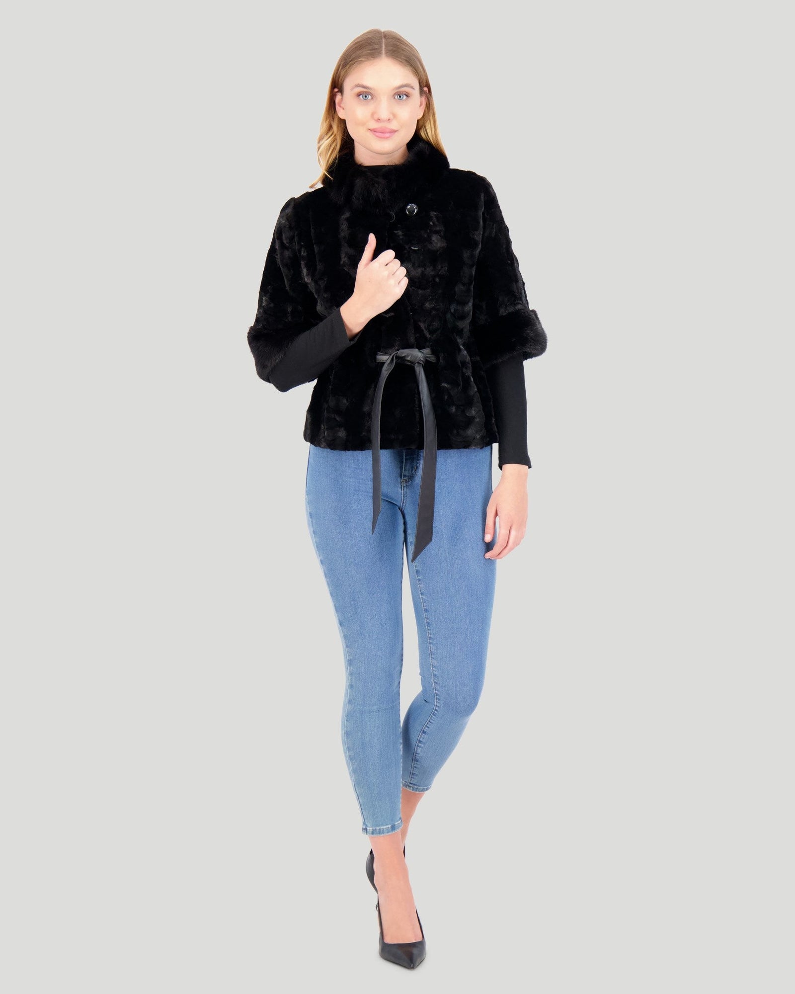 Mink Sections Jacket With Belt | Black