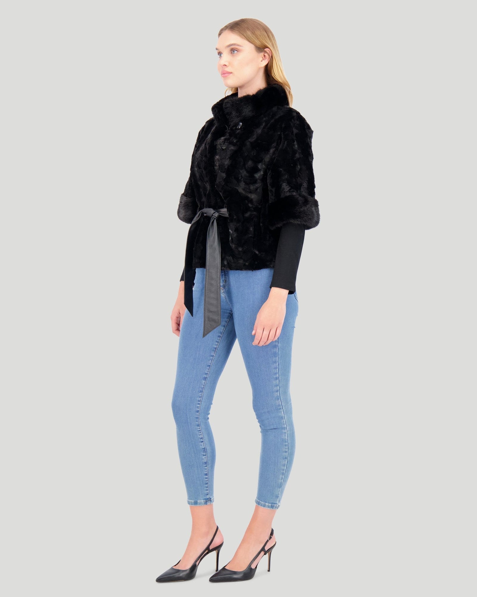 Mink Sections Jacket With Belt | Black