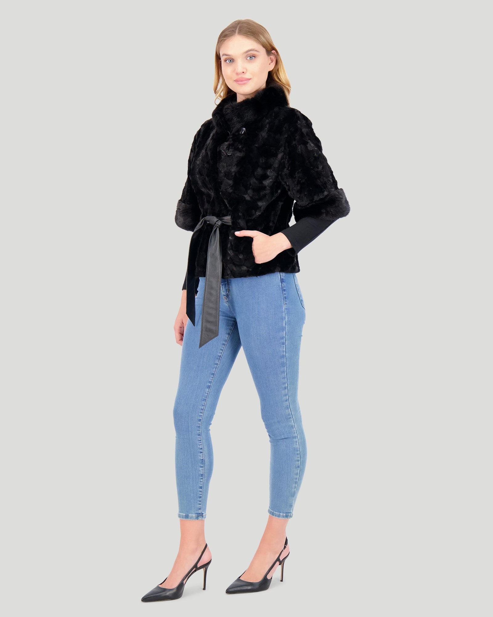 Mink Sections Jacket With Belt | Black