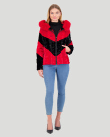 Mink Sections Jacket With Hood | Women | Red x Black