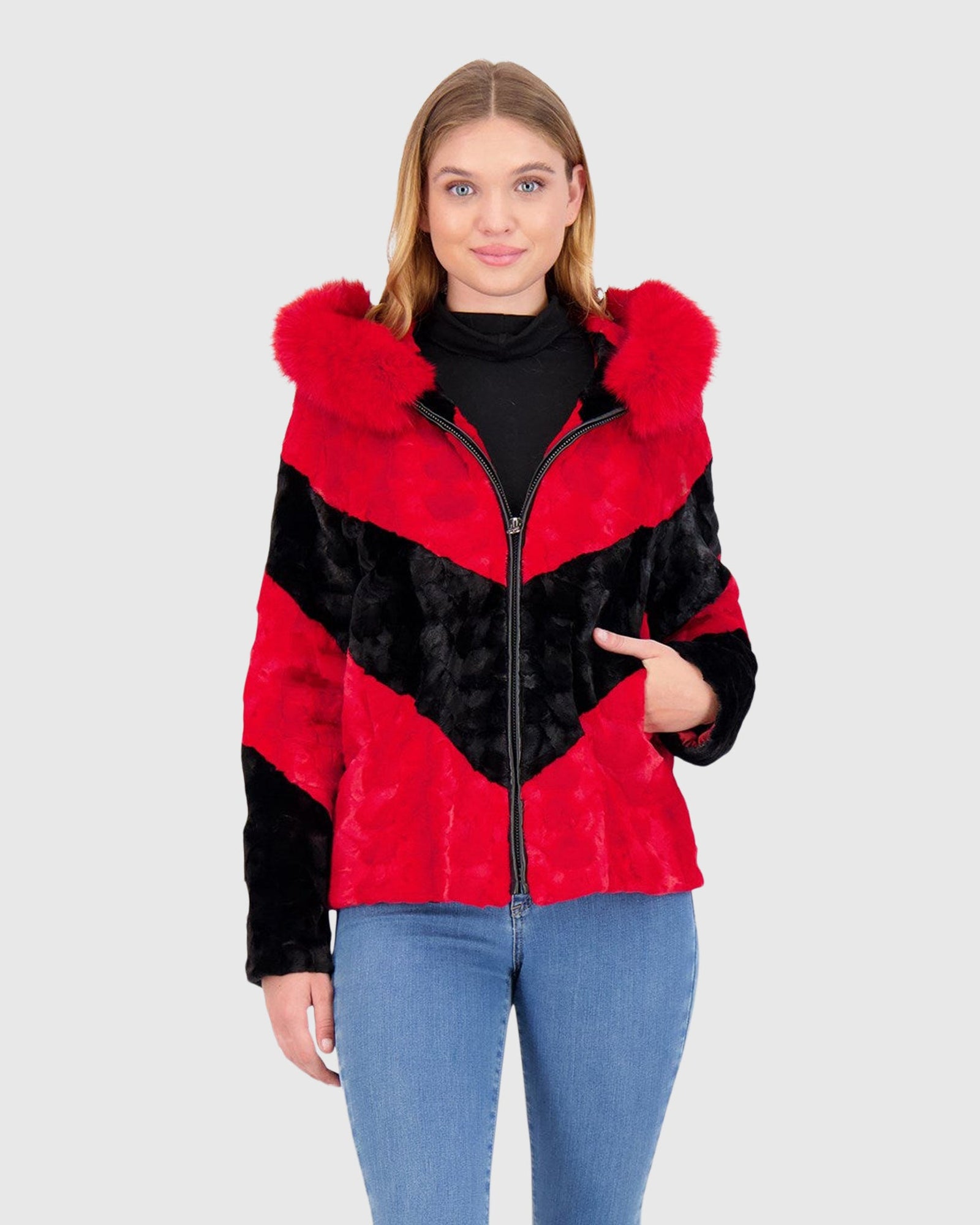 Mink Sections Jacket With Hood | Red/Black