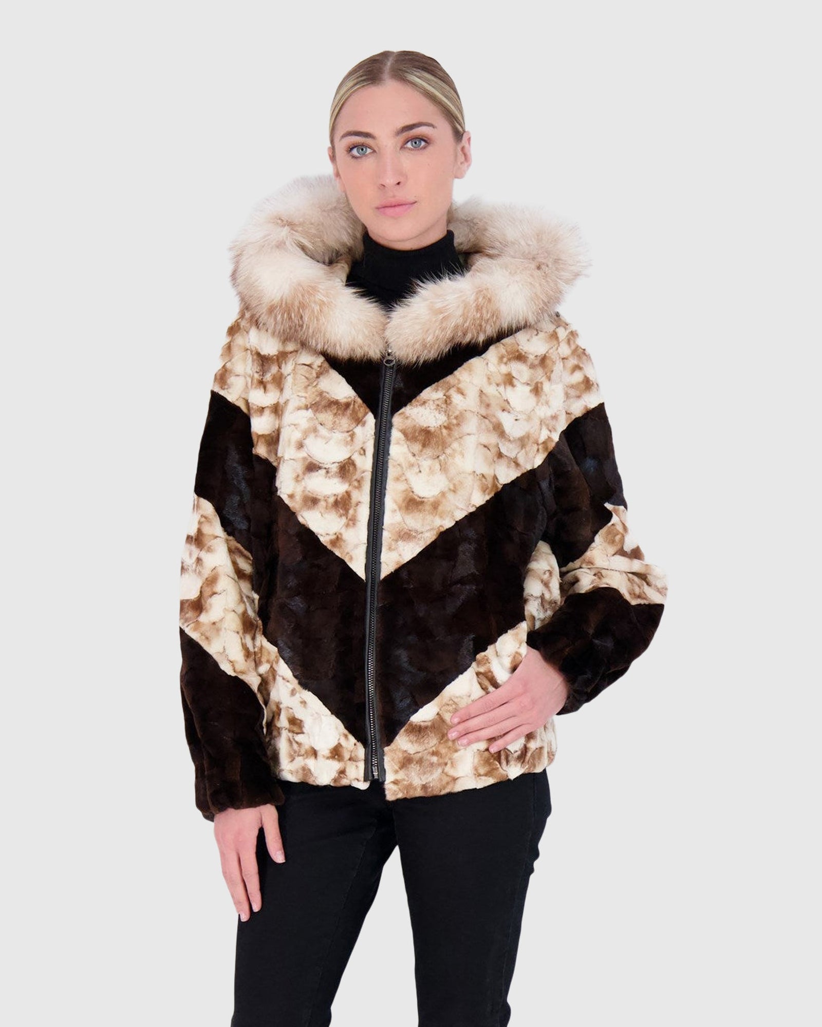Mink Sections Jacket With Hood | Brown/Gold White