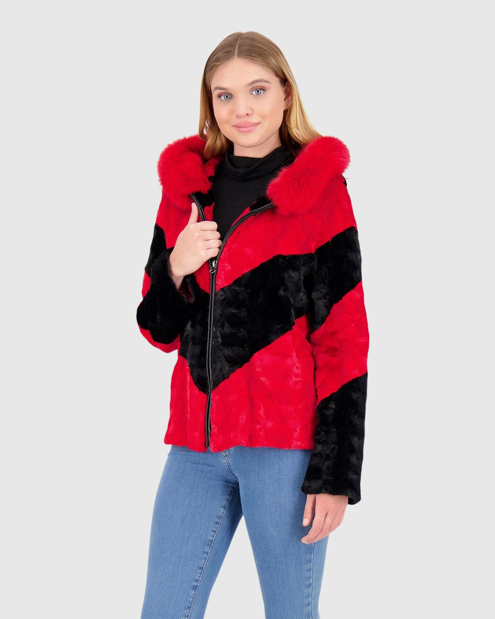 Mink Sections Jacket With Hood | Red/Black