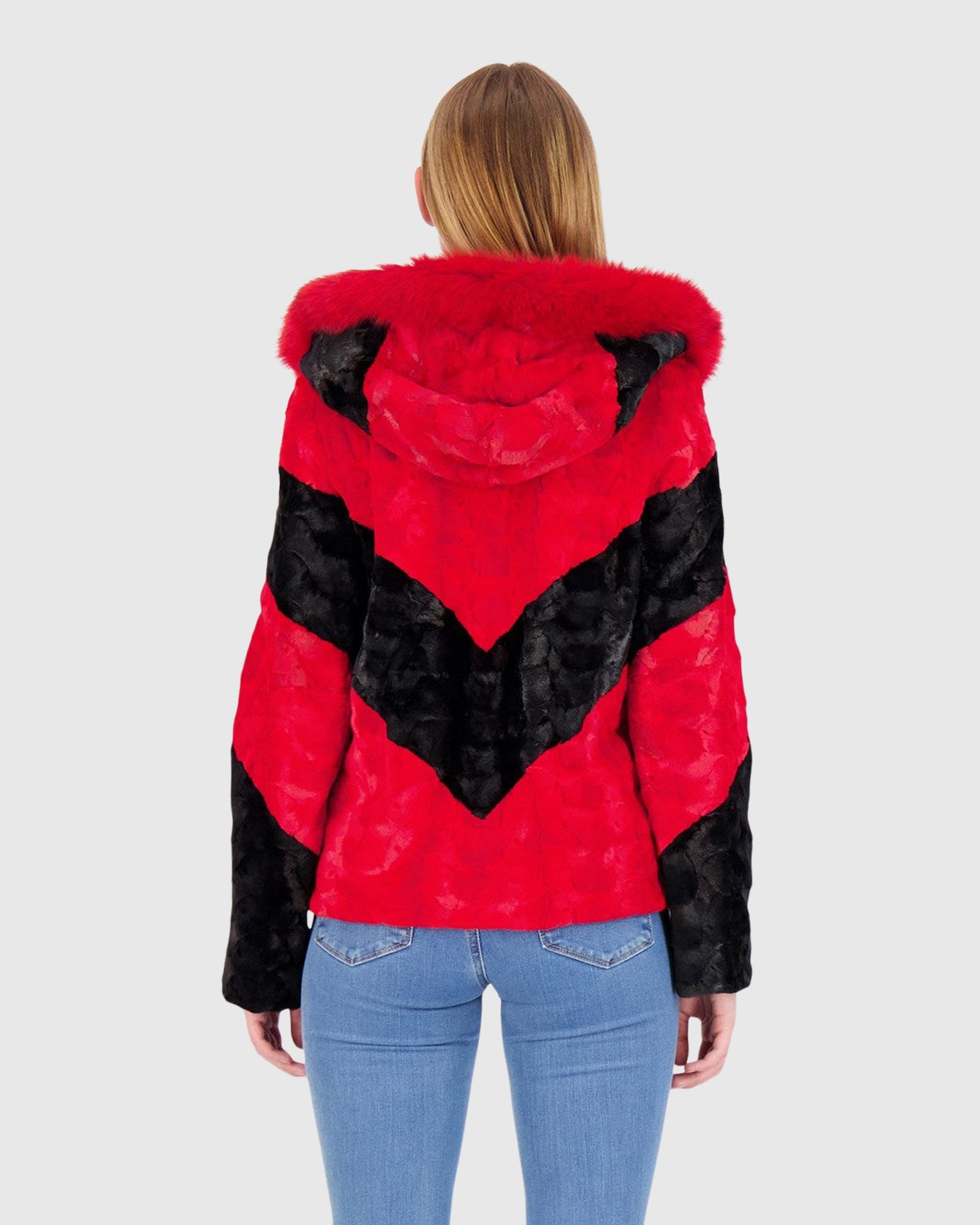 Mink Sections Jacket With Hood | Red/Black