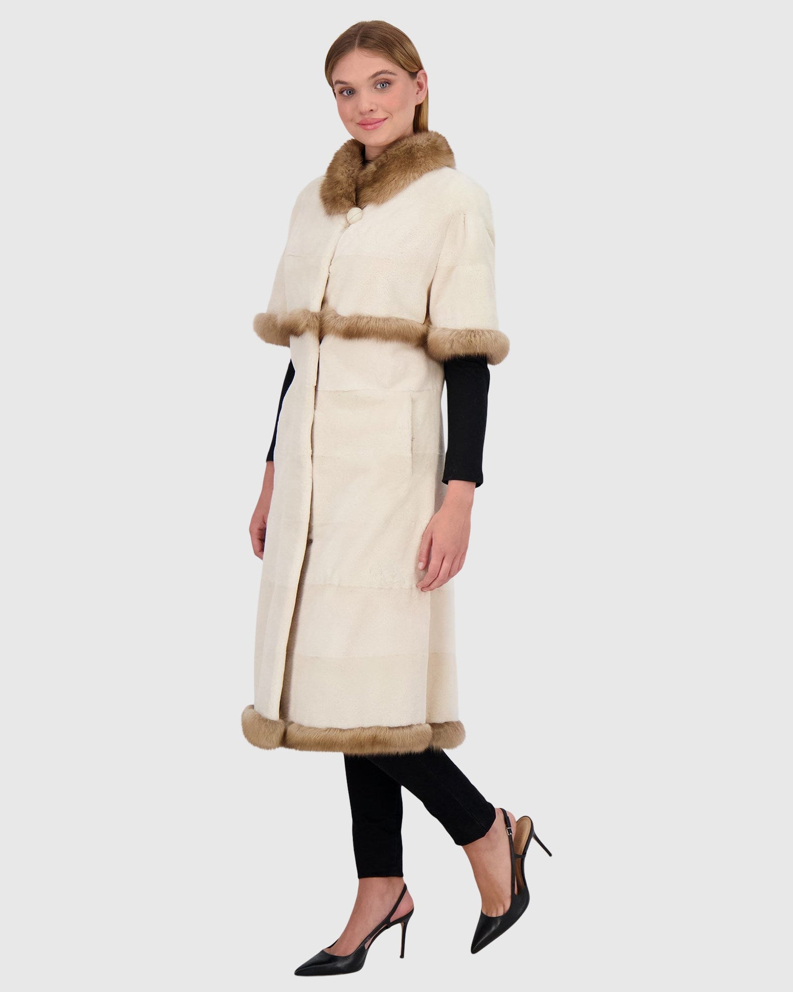 Mink Short Coat With Sable Trim, Short Sleeves | Pearl