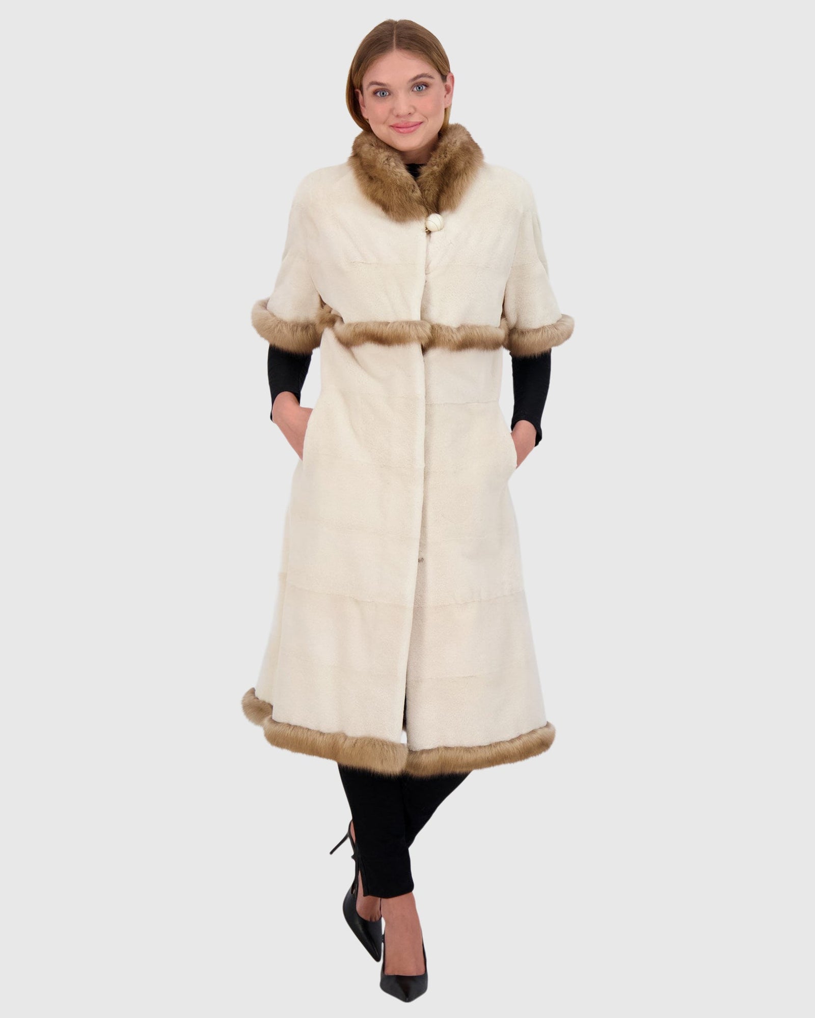Mink Short Coat With Sable Trim, Short Sleeves | Pearl