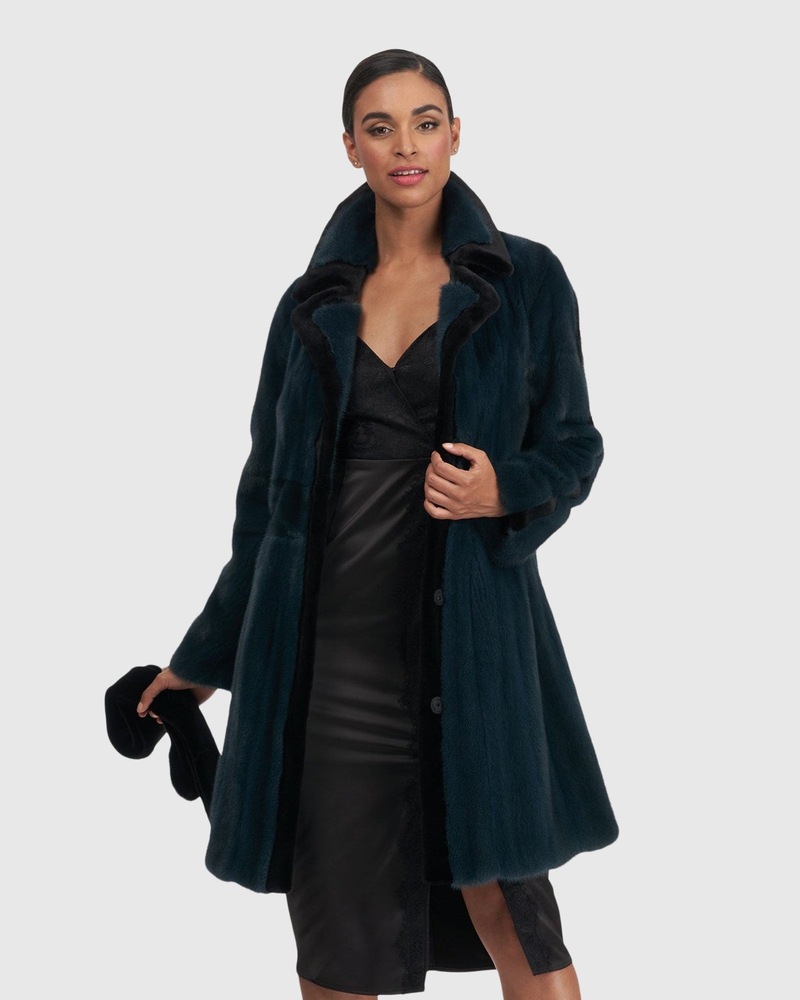 Mink Short Coat With Sheared Mink Trim | Teal/Black