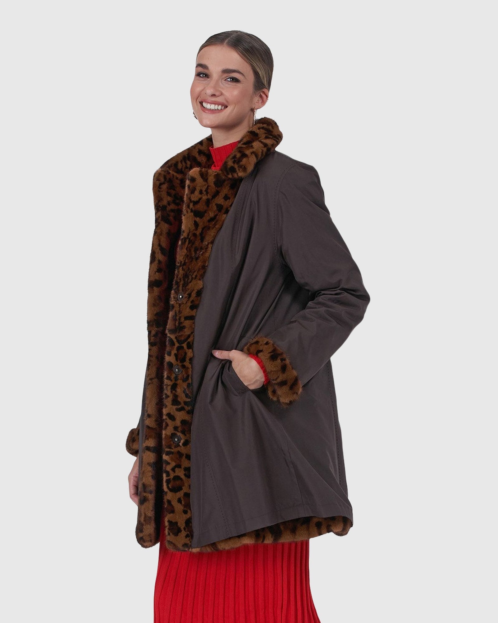 Mink Stroller With Notch Collar, Reversible To Silk | Brown Animal Print/Brown