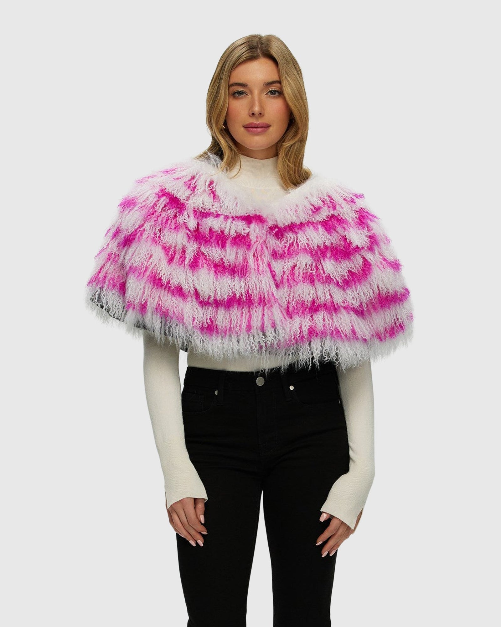 Mongolian (Tg) Shearling Lamb Stole Reversible To Loro Piana Cashmere & Wool | White/Fuschia/Black