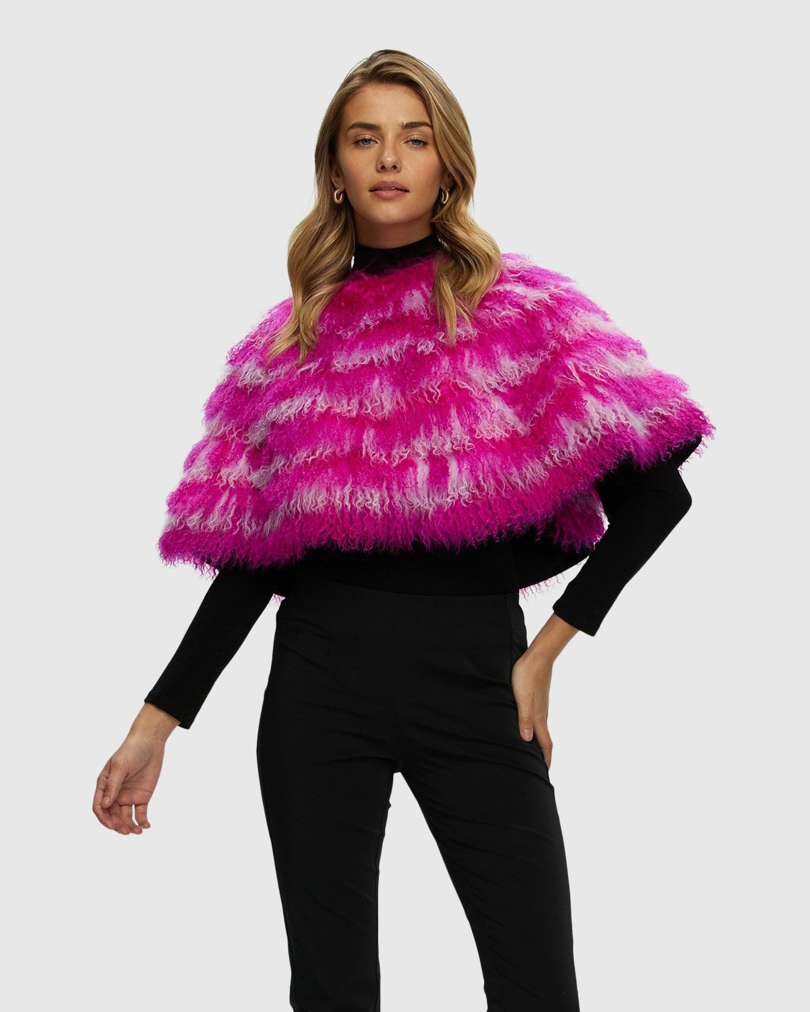 Mongolian (Tg) Shearling Lamb Stole Reversible To Loro Piana Cashmere & Wool | Fuschia/White/Black