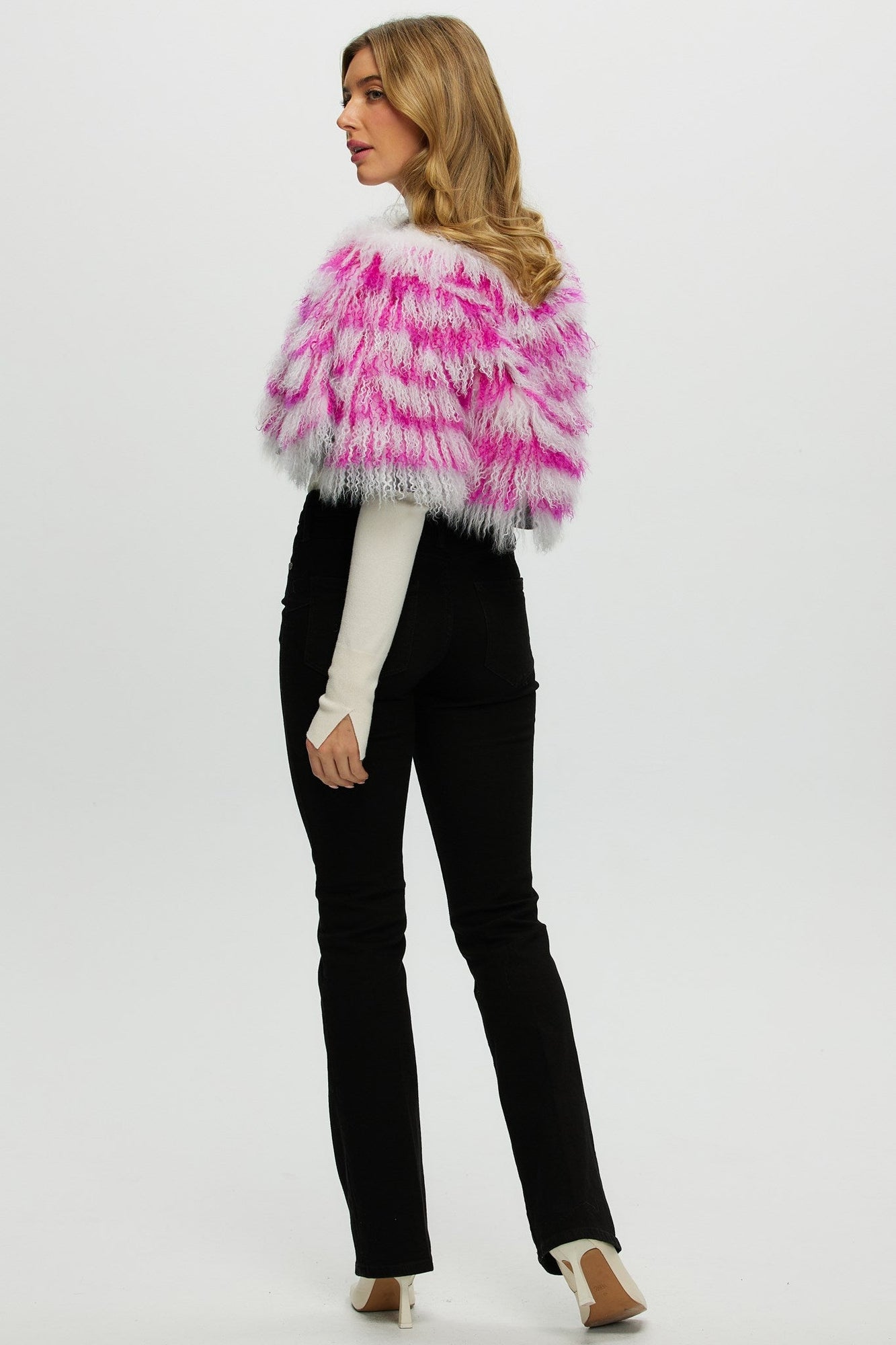 Mongolian (Tg) Shearling Lamb Stole Reversible To Loro Piana Cashmere & Wool | Women | White x Fuschia x Black