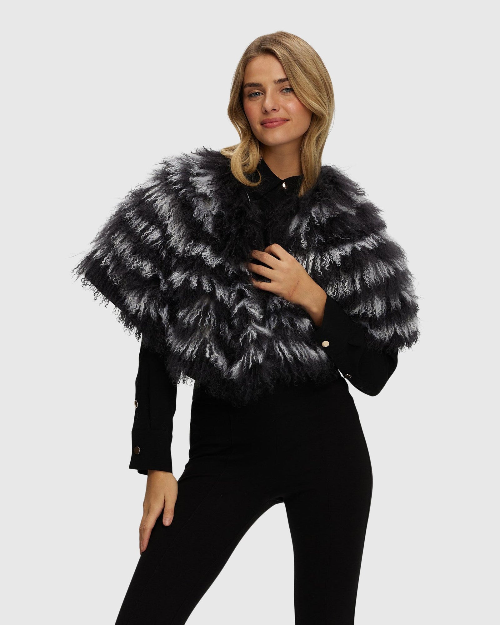 Mongolian (Tg) Shearling Lamb Stole Reversible To Loro Piana Cashmere & Wool | Anthracite/White/Black