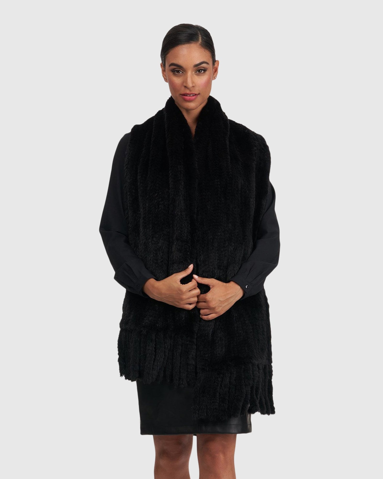 Mink Stole With Fringes | Black