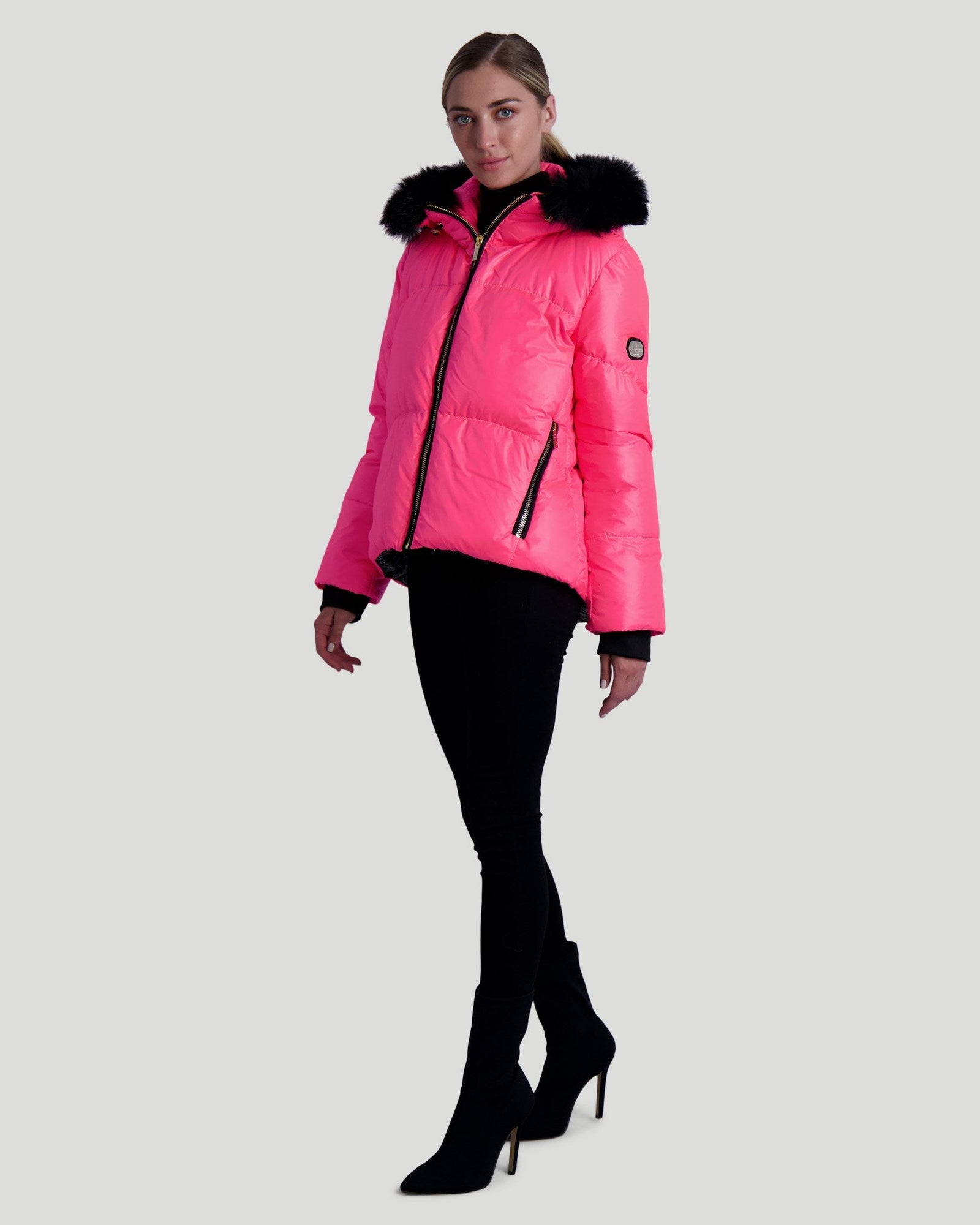 Après-Ski Jacket With Detachable Toscana Shearling Lamb Hood Trim | Women | Neon Pink x Black