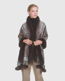 Paisley Print Cashmere Stole With Fox Trim | Brown Paisley