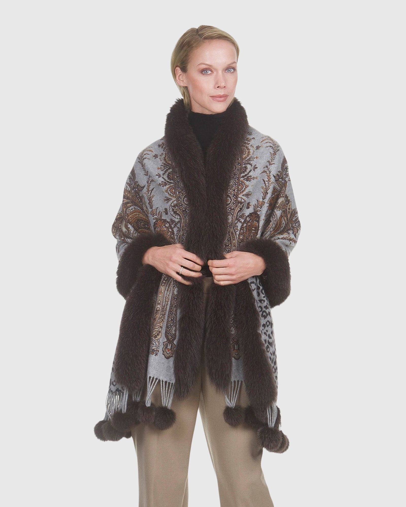 Paisley Print Cashmere Stole With Fox Trim | Brown Paisley