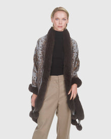 Paisley Print Cashmere Stole With Fox Trim | Brown Paisley
