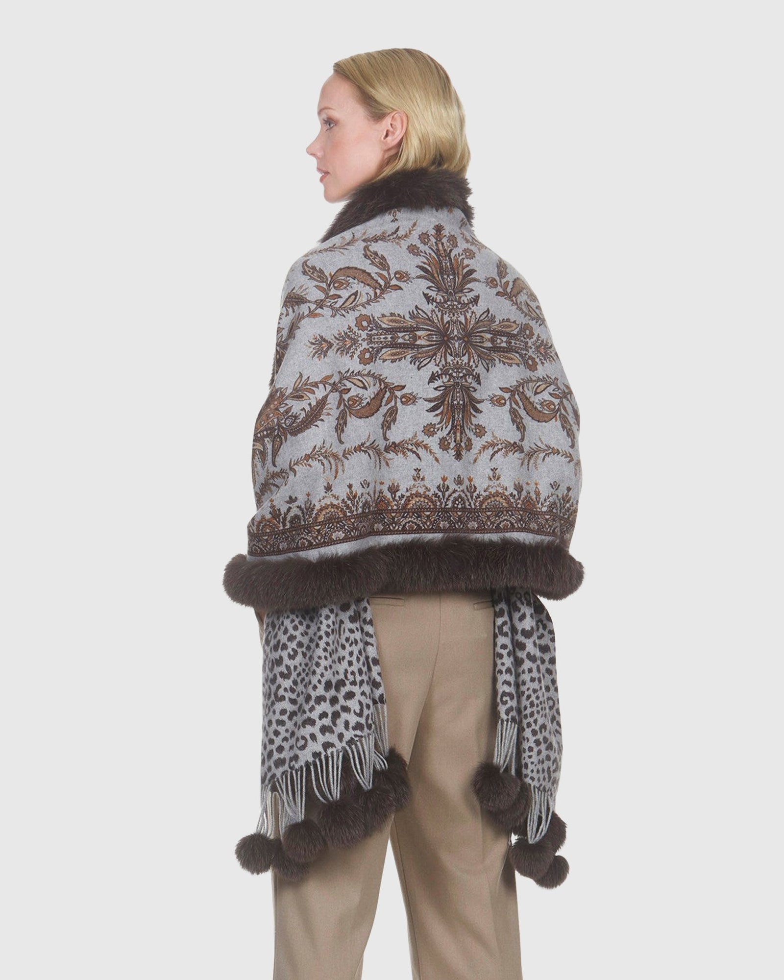 Paisley Print Cashmere Stole With Fox Trim | Brown Paisley