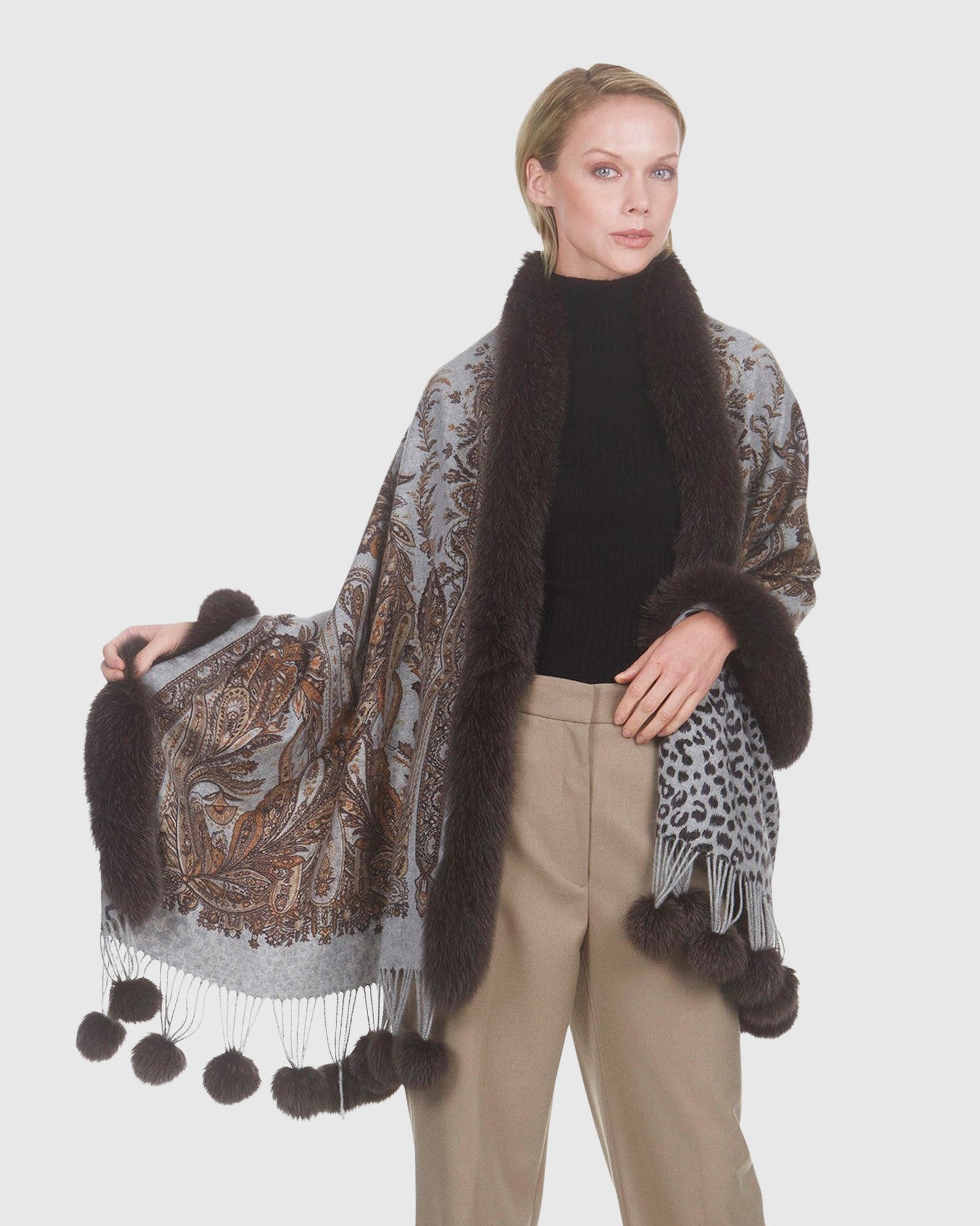 Paisley Print Cashmere Stole With Fox Trim | Brown Paisley