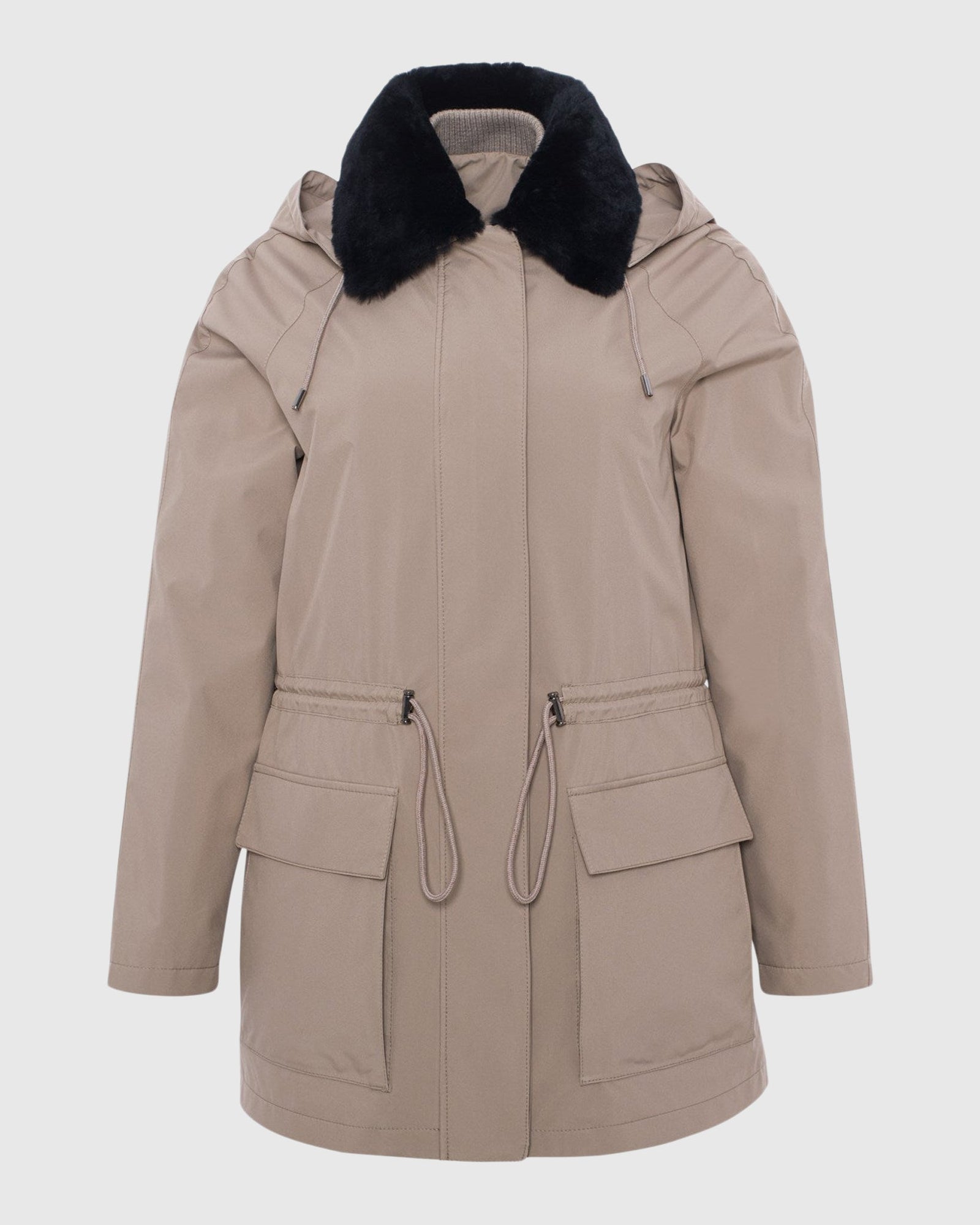 Parka With Detachable Hood And Select Shearling Lamb Collar, Removable Vest (2 Pcs) | Tan/Black