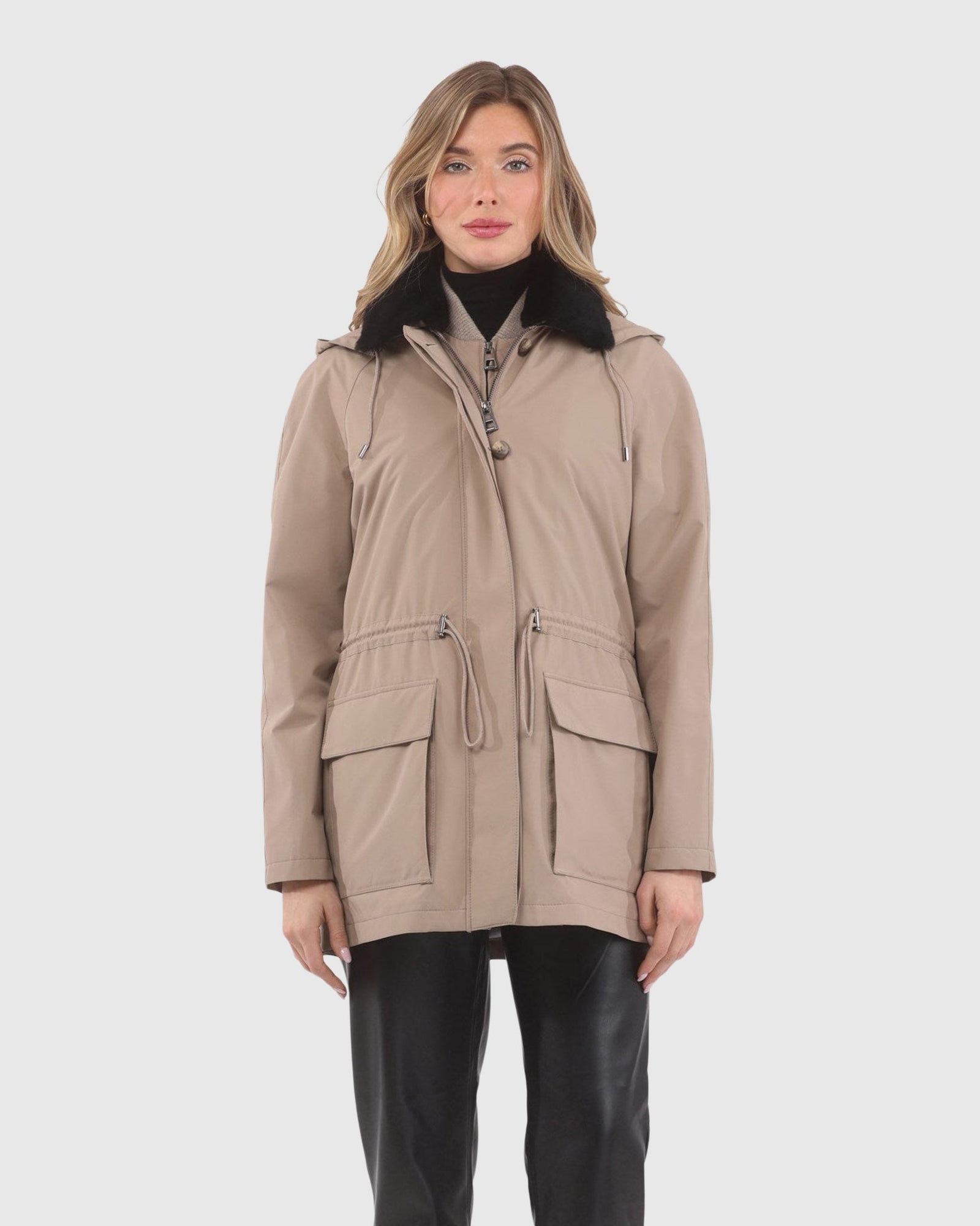 Parka With Detachable Hood And Select Shearling Lamb Collar, Removable Vest (2 Pcs) | Tan/Black