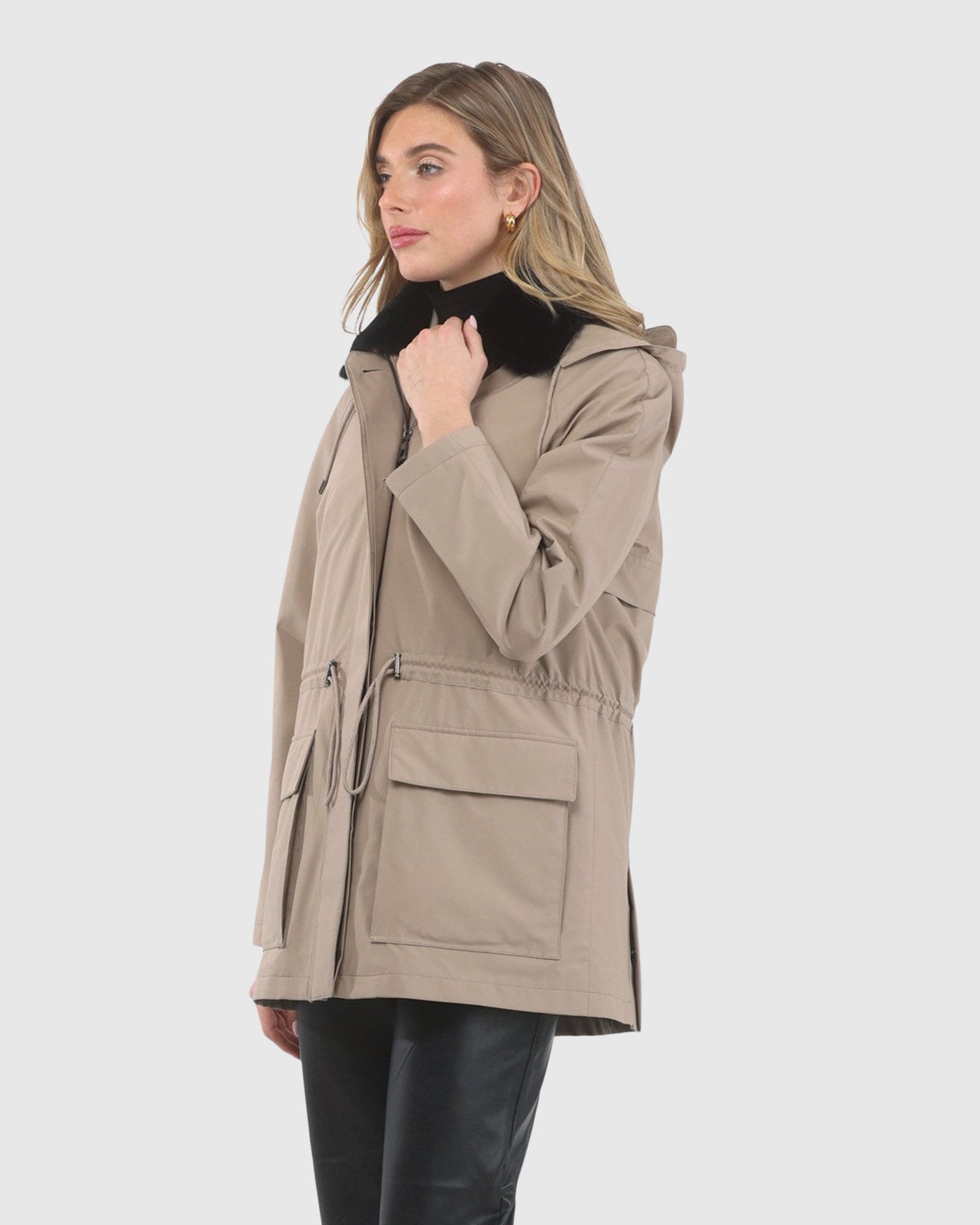 Parka With Detachable Hood And Select Shearling Lamb Collar, Removable Vest (2 Pcs) | Tan/Black