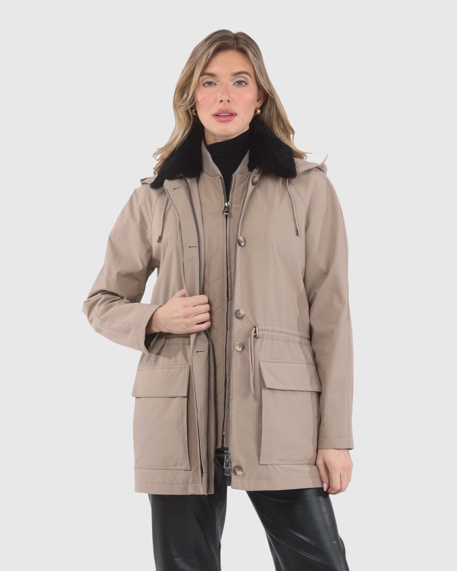 Parka With Detachable Hood And Select Shearling Lamb Collar, Removable Vest (2 Pcs) | Tan/Black