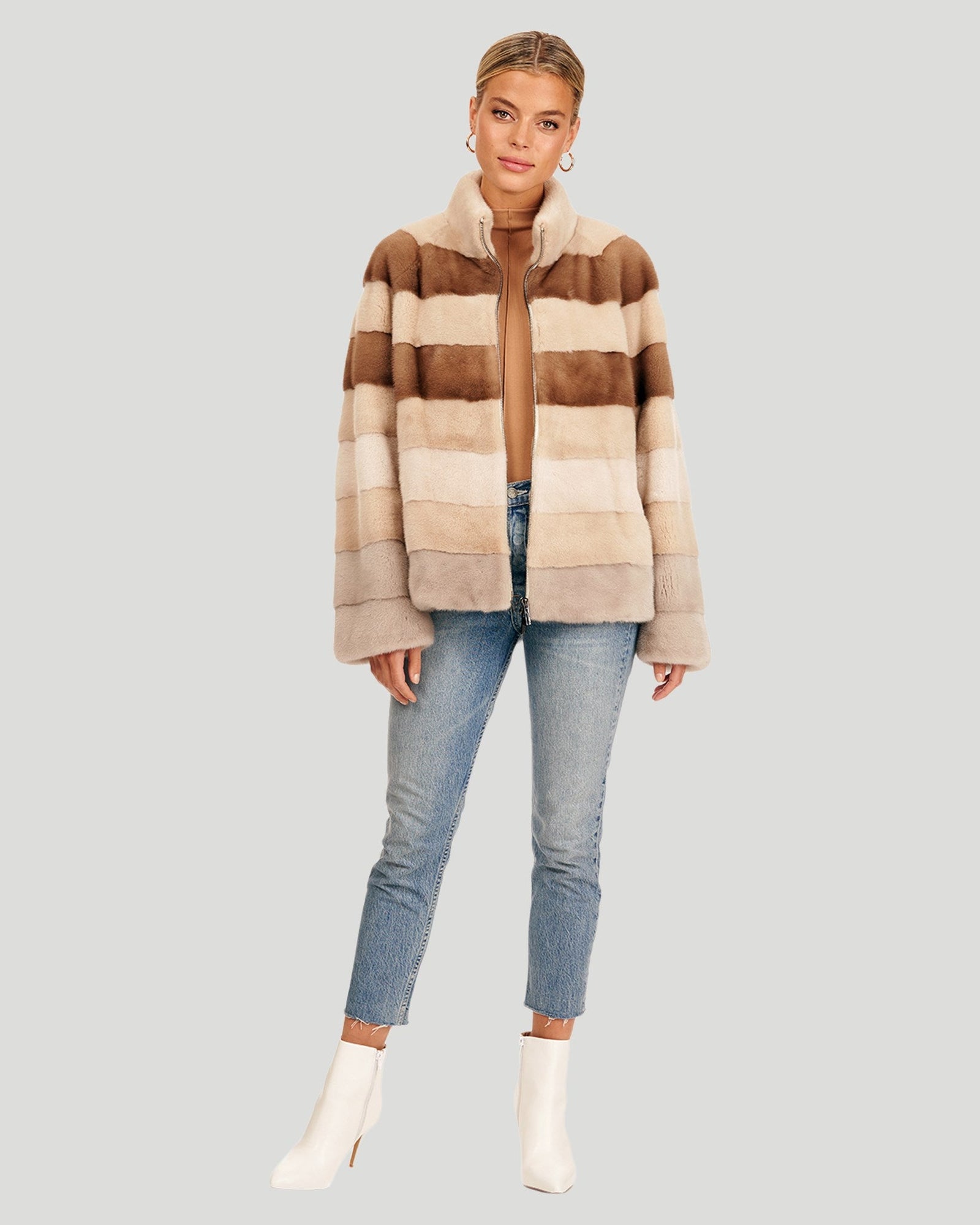 Color Block Mink Zip Jacket | Women | Beige x Pastel x Pearl x Sapphire