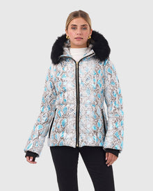 Printed Après-Ski Jacket With Detachable Toscana Shearling Lamb Hood Trim | Blue Snk/Black