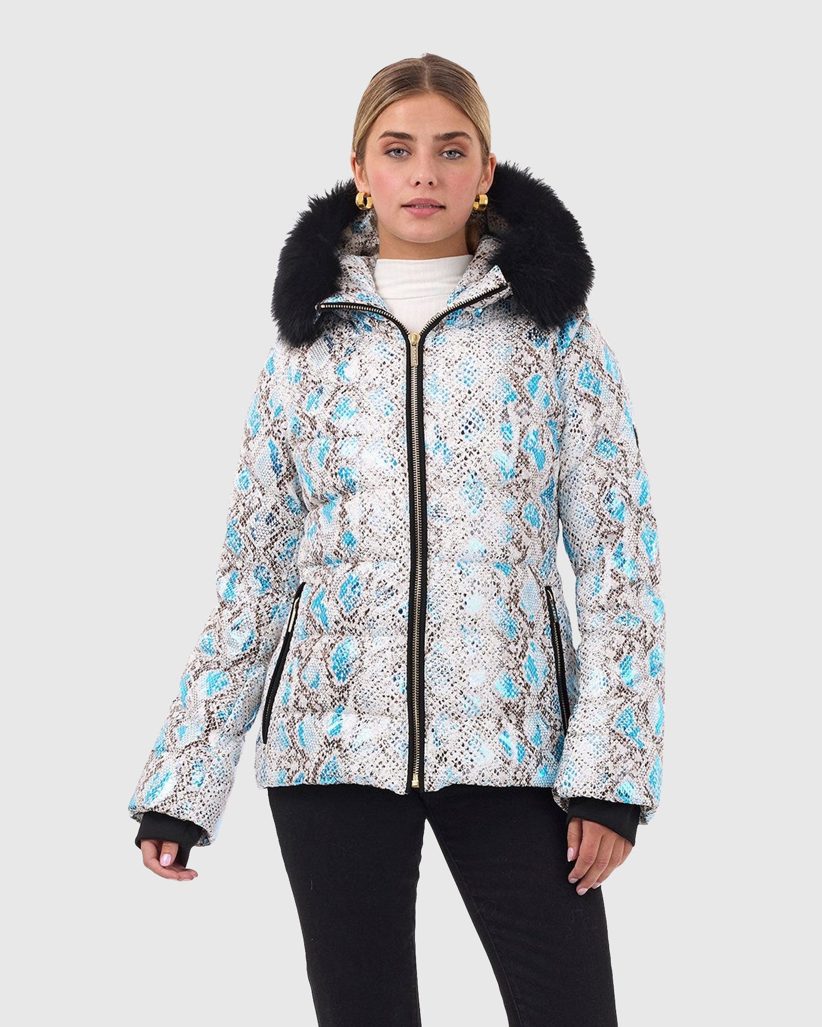 Printed Après-Ski Jacket With Detachable Toscana Shearling Lamb Hood Trim | Blue Snk/Black