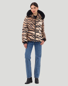 Printed Après-Ski Jacket With Detachable Toscana Shearling Lamb Hood Trim | Women | Brown Zbra x Black