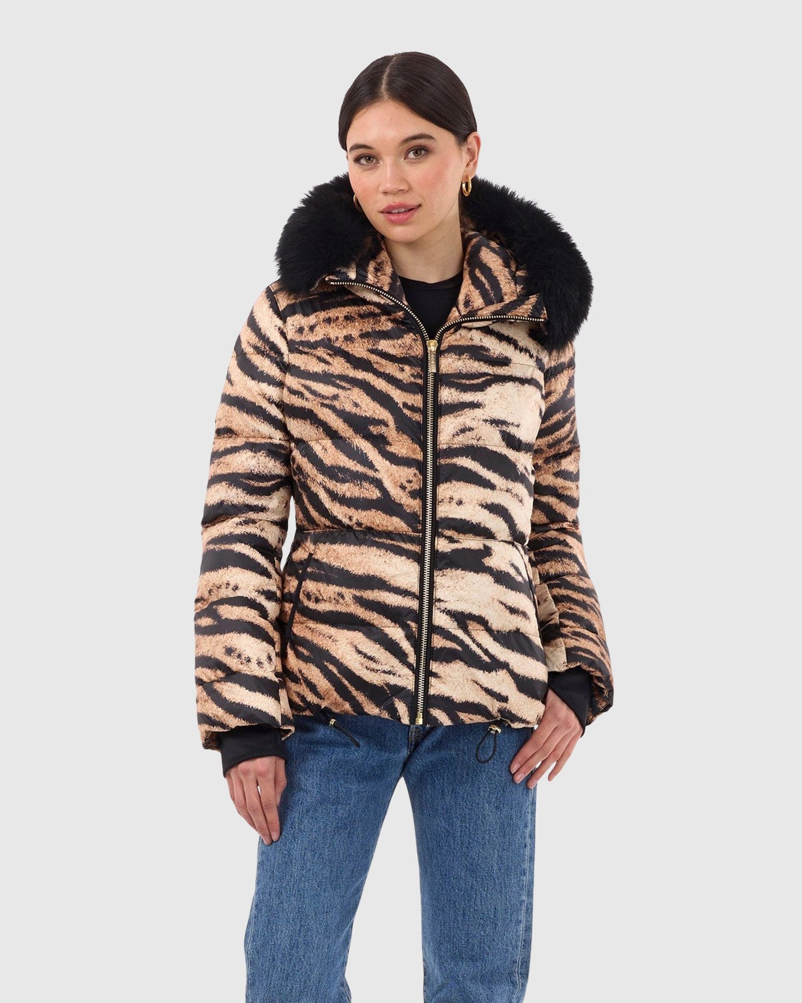 Printed Après-Ski Jacket with Detachable Toscana Shearling Lamb Hood Trim | Brown Zbra/Black