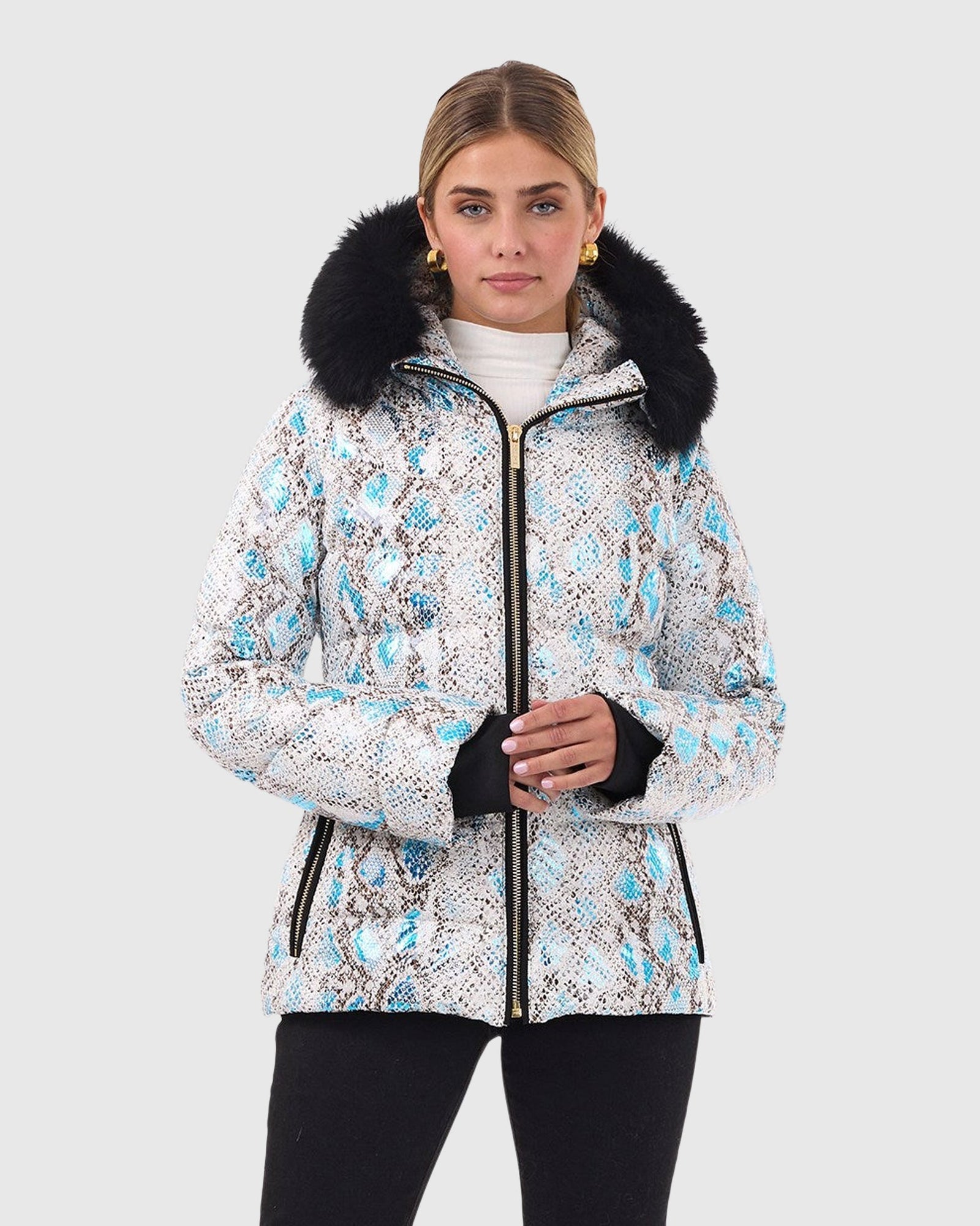 Printed Après-Ski Jacket With Detachable Toscana Shearling Lamb Hood Trim | Blue Snk/Black