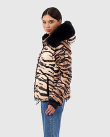 Printed Après-Ski Jacket with Detachable Toscana Shearling Lamb Hood Trim | Brown Zbra/Black