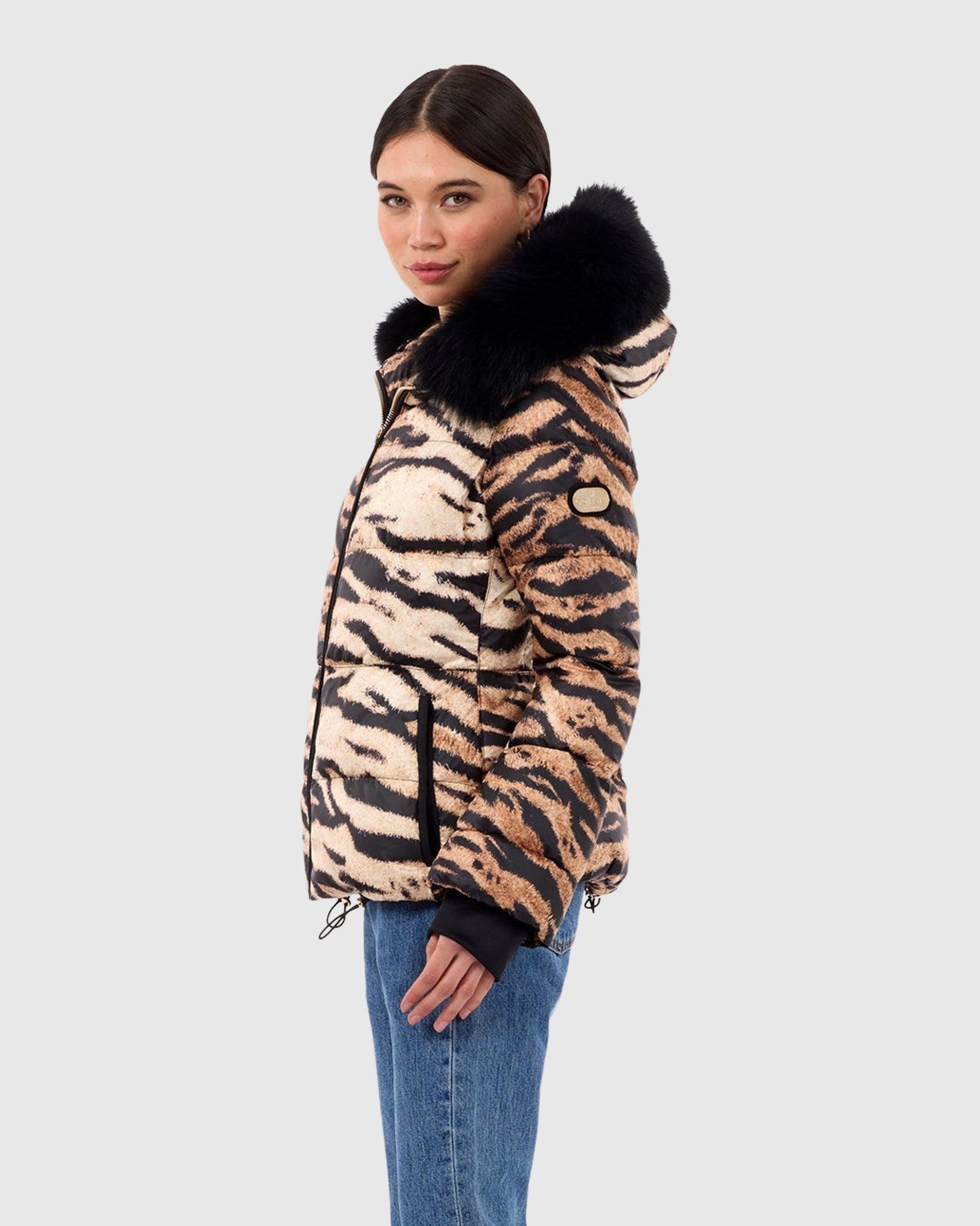 Printed Après-Ski Jacket with Detachable Toscana Shearling Lamb Hood Trim | Brown Zbra/Black