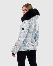 Printed Après-Ski Jacket With Detachable Toscana Shearling Lamb Hood Trim | Blue Snk/Black