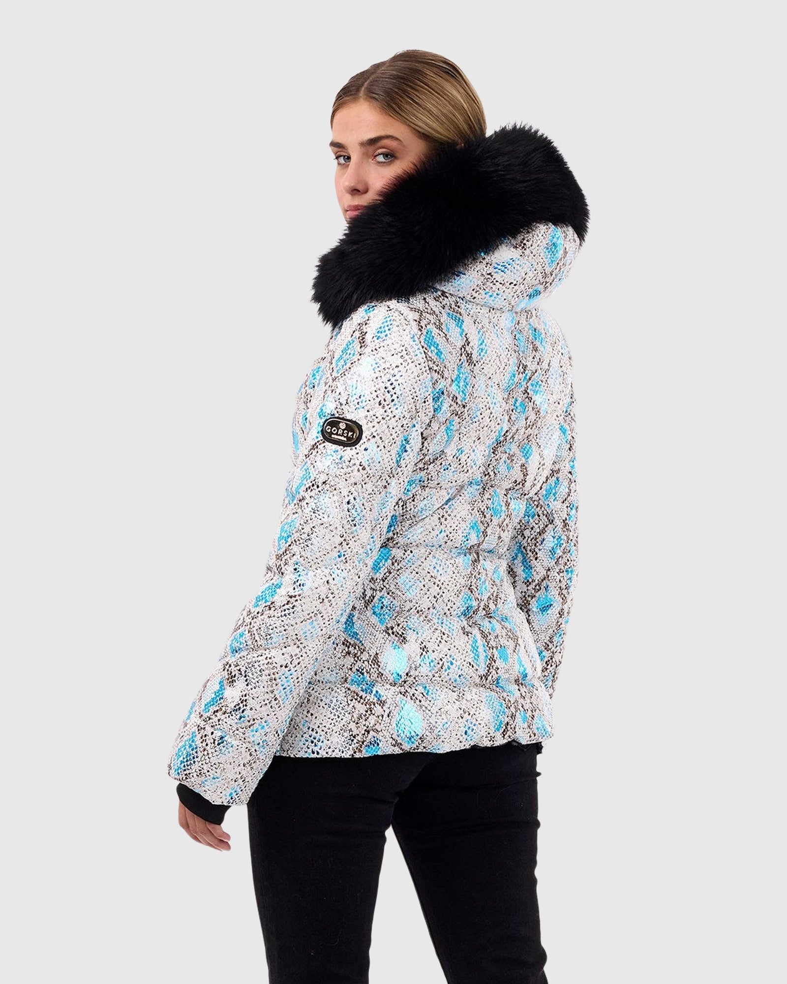 Printed Après-Ski Jacket With Detachable Toscana Shearling Lamb Hood Trim | Blue Snk/Black