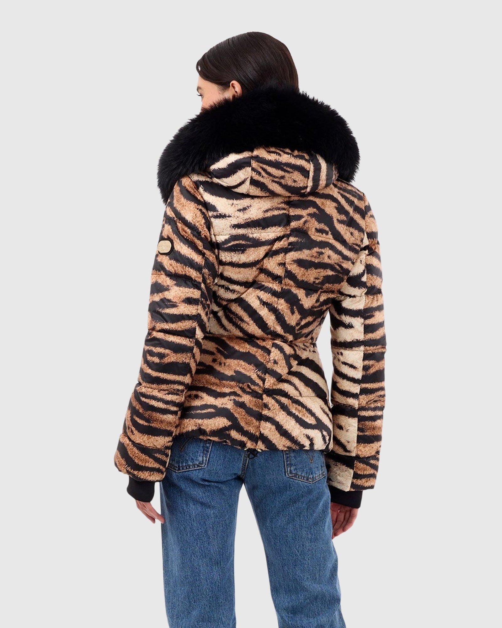 Printed Après-Ski Jacket with Detachable Toscana Shearling Lamb Hood Trim | Brown Zbra/Black