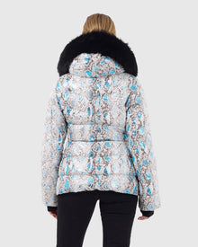 Printed Après-Ski Jacket With Detachable Toscana Shearling Lamb Hood Trim | Blue Snk/Black