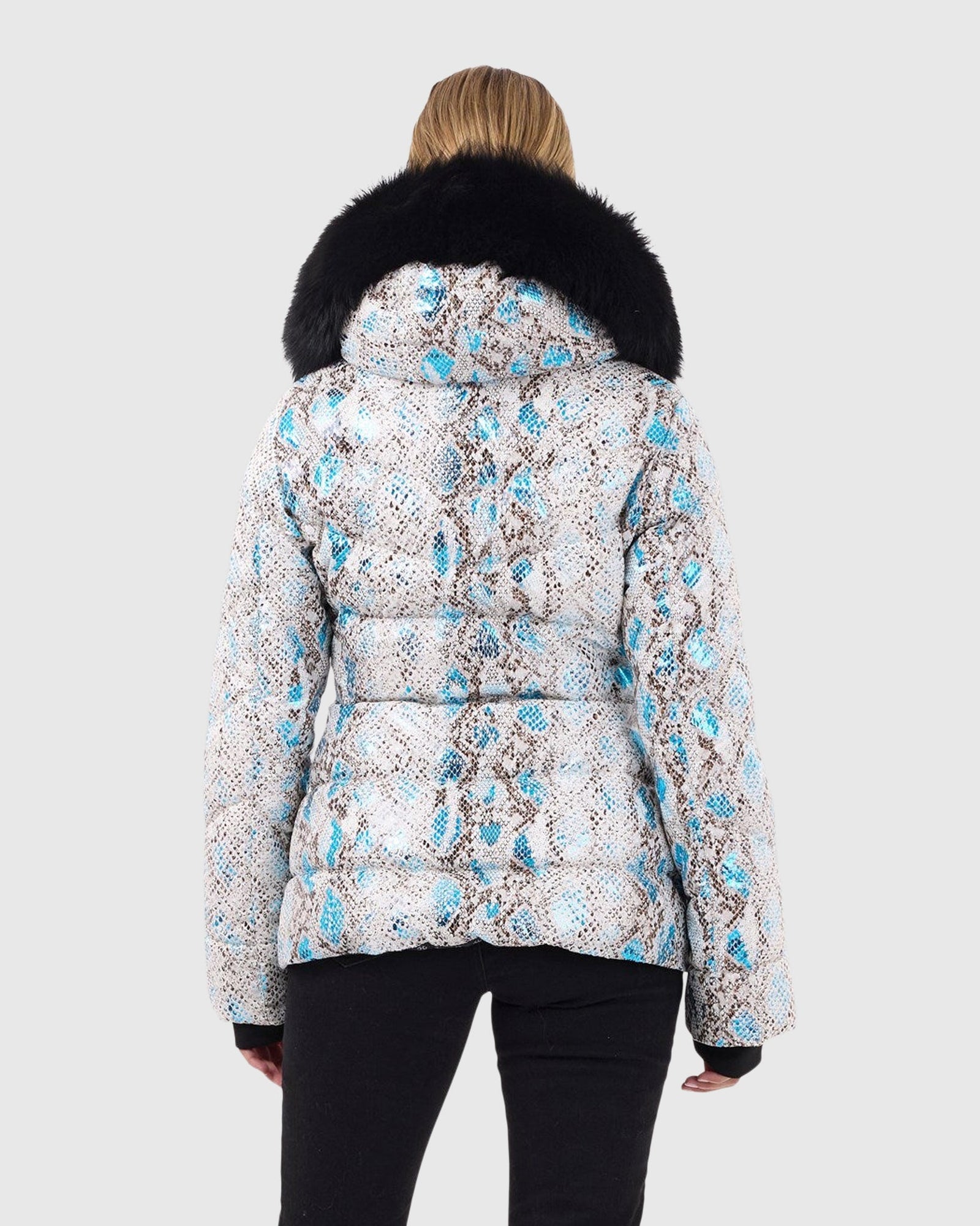 Printed Après-Ski Jacket With Detachable Toscana Shearling Lamb Hood Trim | Blue Snk/Black