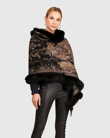 Printed Cashmere Stole With Fox Tape Top And Bottom | Black Paisley