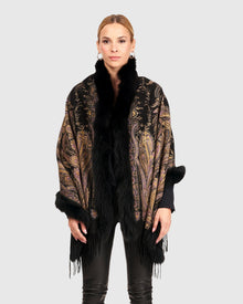 Printed Cashmere Stole With Fox Tape Top And Bottom | Black Paisley