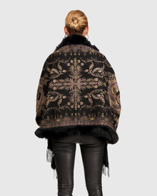 Printed Cashmere Stole With Fox Tape Top And Bottom | Black Paisley